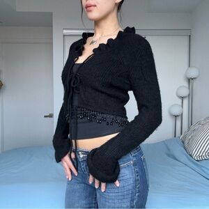 GANNI Alpaca and Wool blend tie cardigan with beads at hem